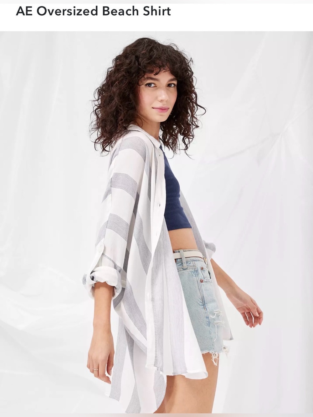 AE Oversized Striped Beach Shirt - Viscose/Linen Blend - White & Light Gray - M - Picture 3 of 13
